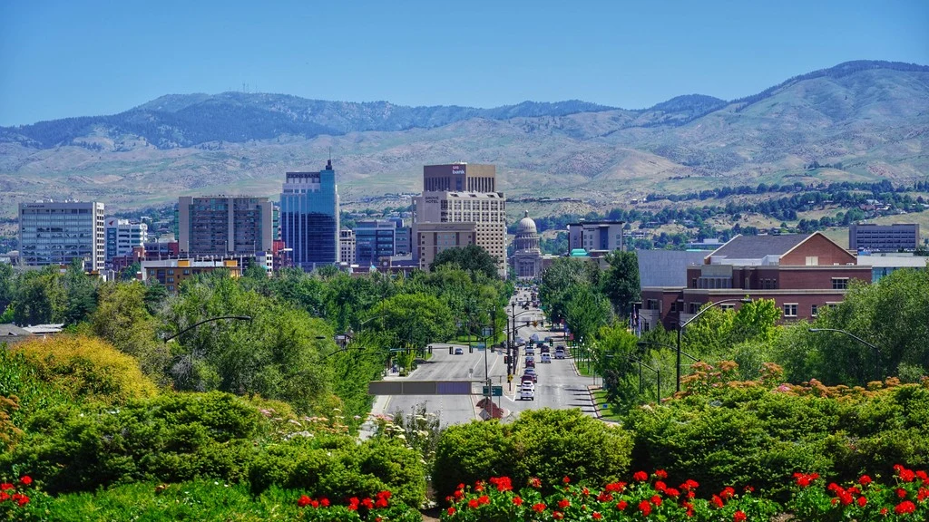 Downtown Boise, Idaho with the foothills in the distance