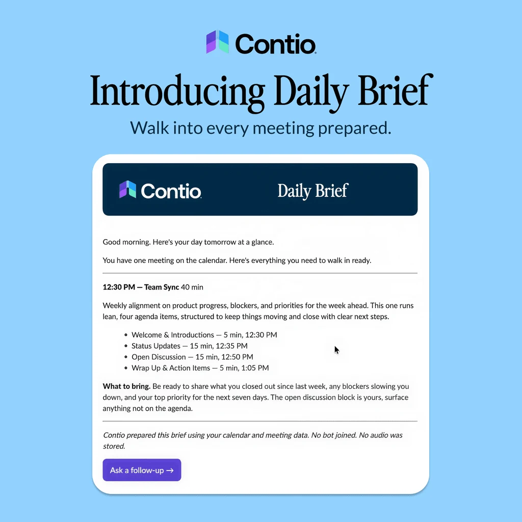 Contio Daily Brief with personalized meeting preparation