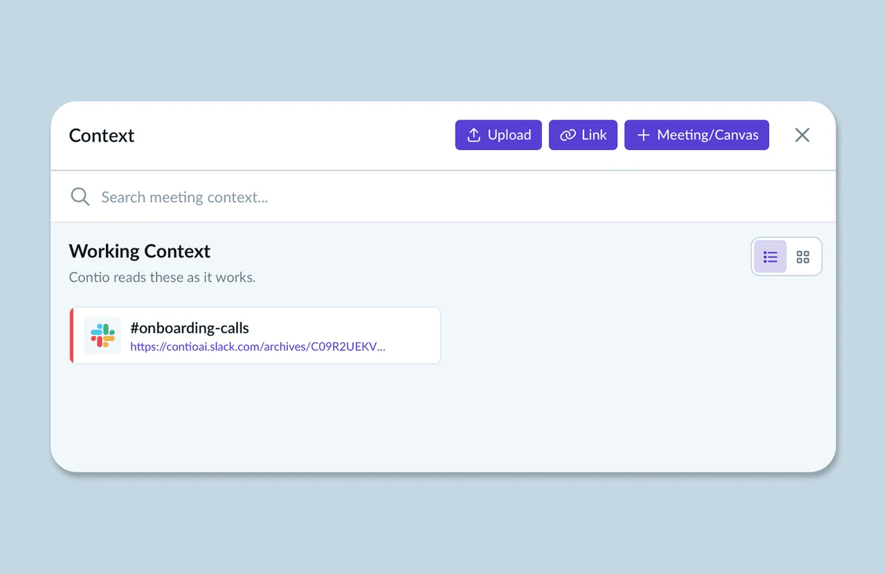 Adding Slack channel context to a Contio meeting