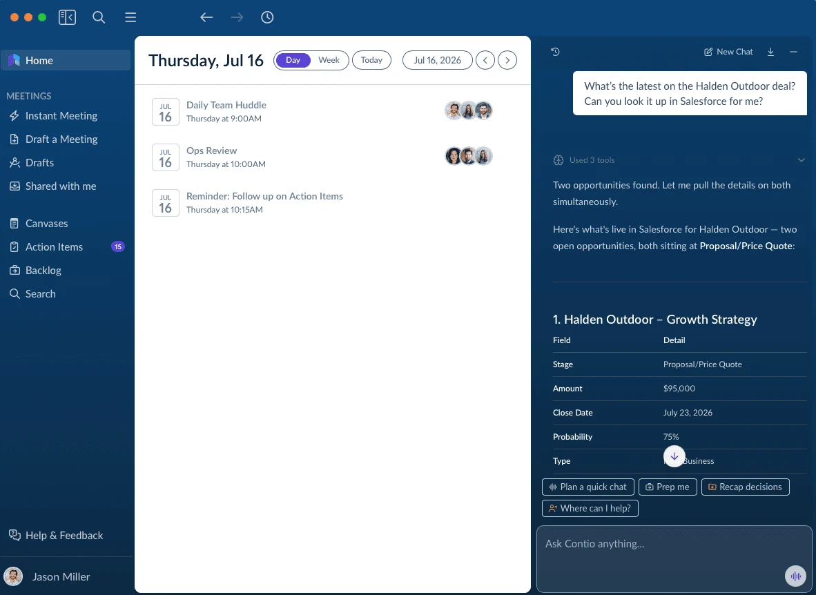 Contio surfaces Salesforce opportunity details during a meeting
