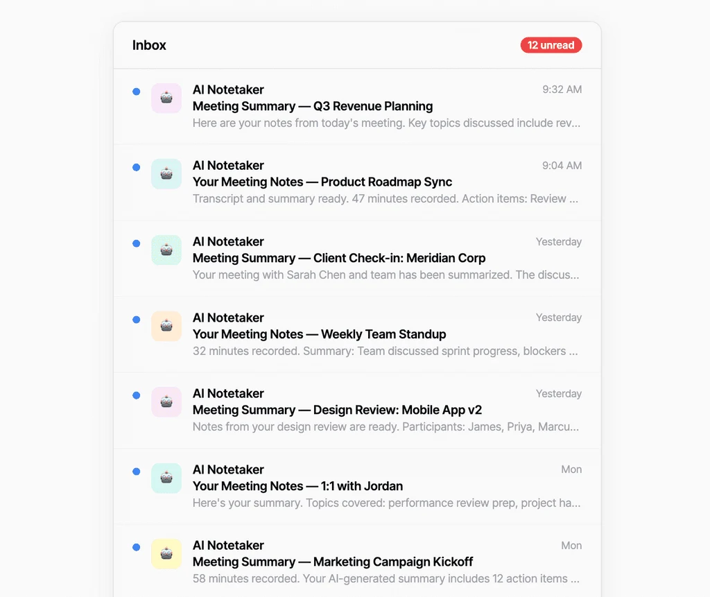 An inbox filled with AI notetaker meeting summaries