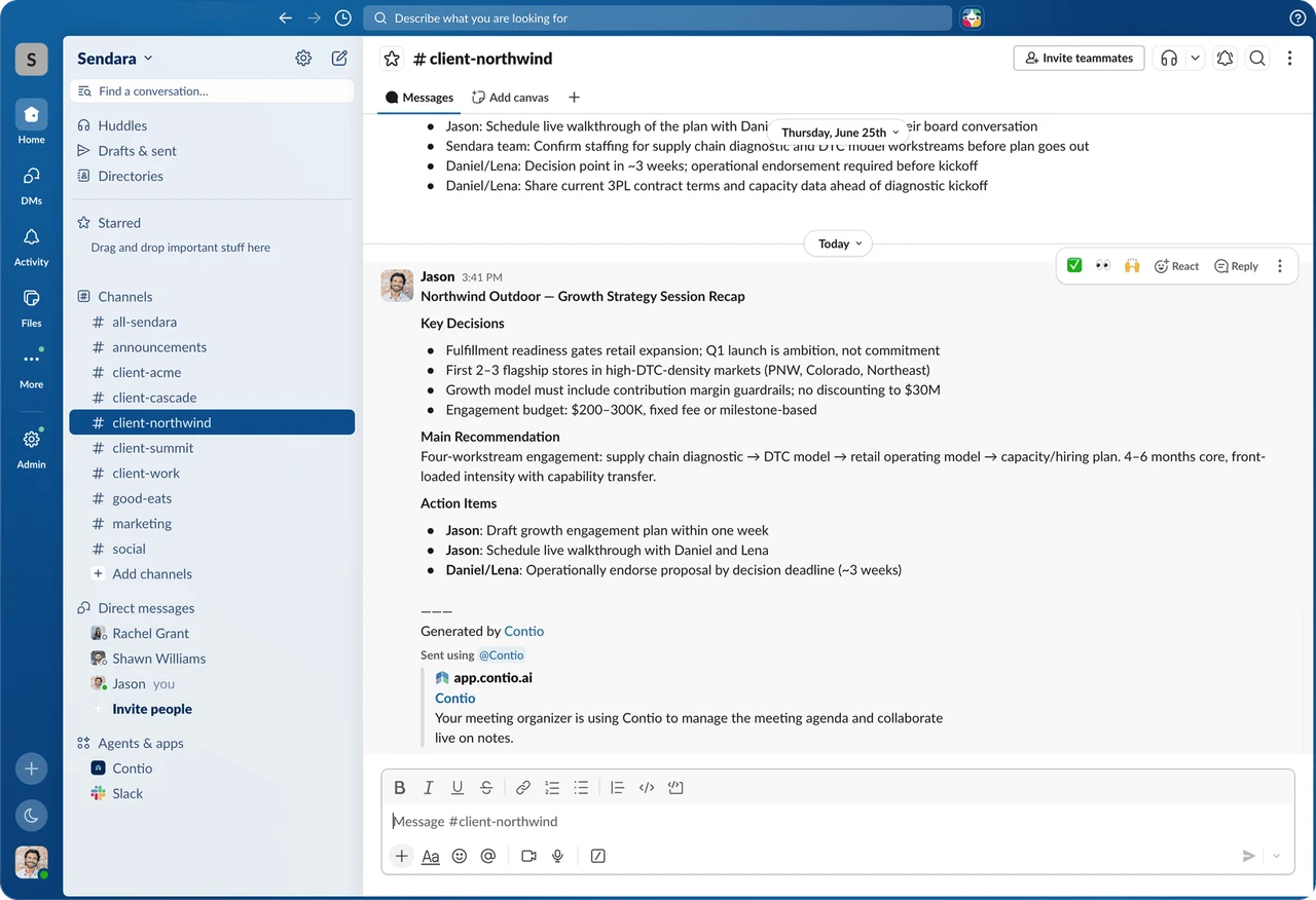 Contio drafting and posting a meeting recap to Slack
