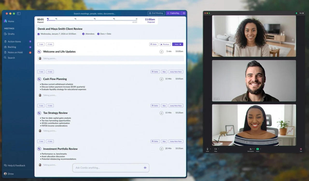 MeetingOS running alongside a video meeting