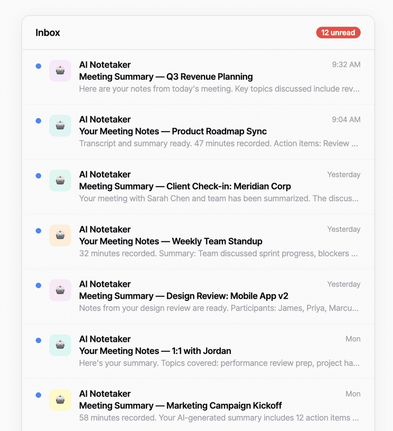 An inbox crowded with AI notetaker meeting summaries