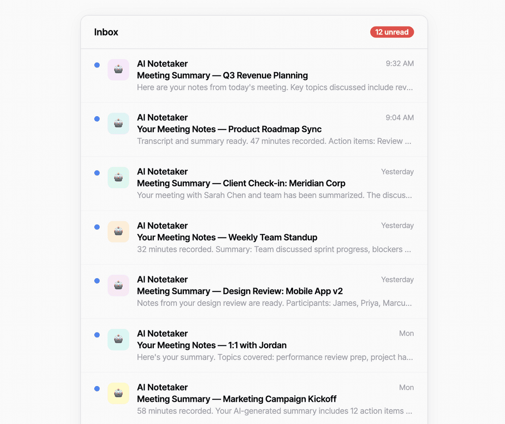 An inbox filled with AI notetaker meeting summaries