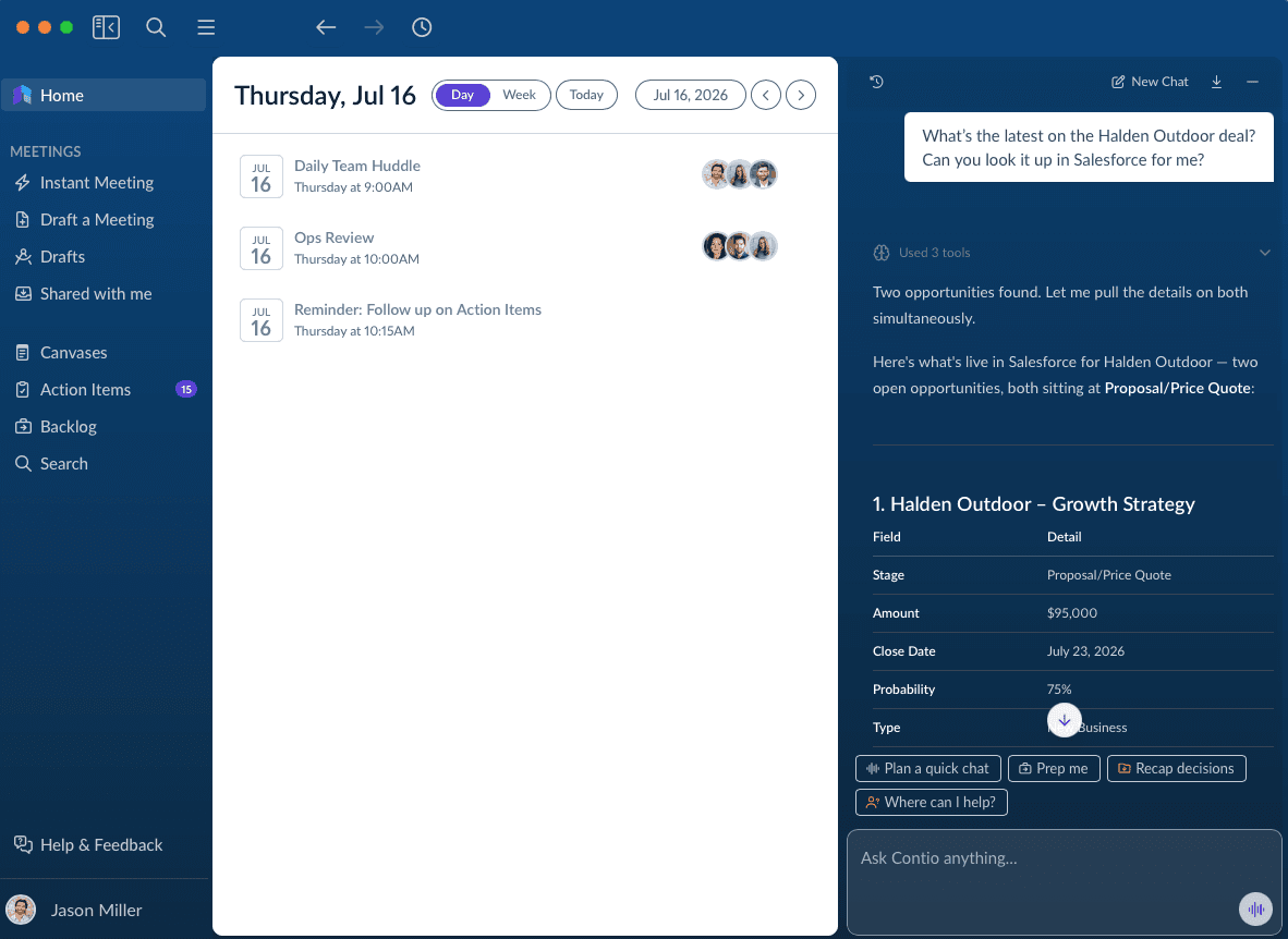Contio surfaces Salesforce opportunity details during a meeting