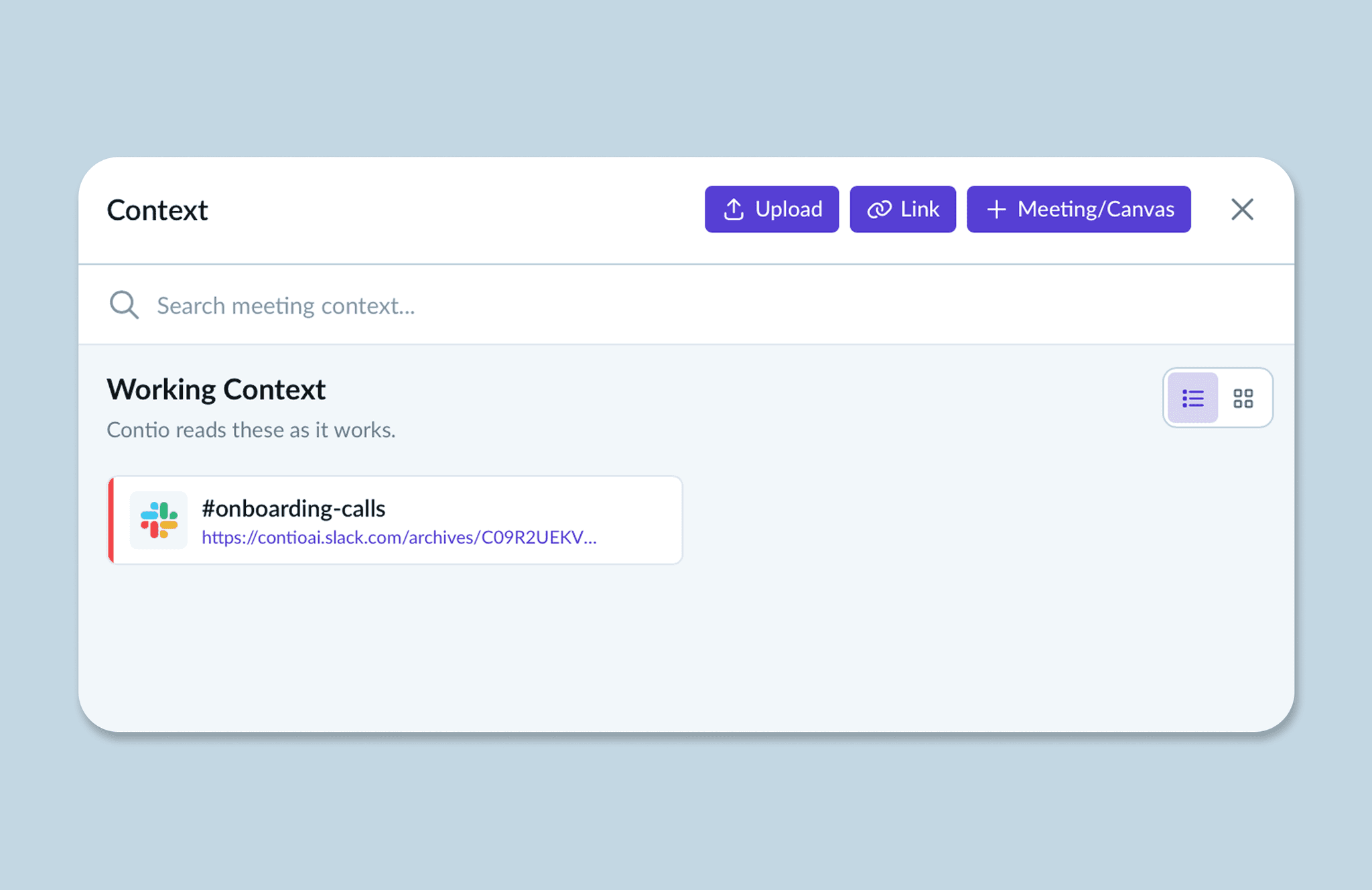 Adding Slack channel context to a Contio meeting