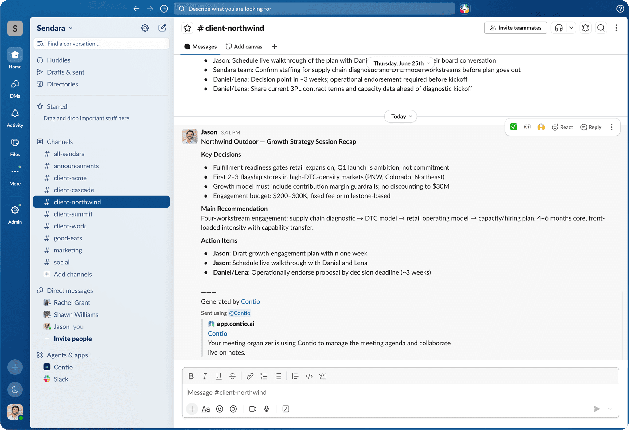Contio drafting and posting a meeting recap to Slack