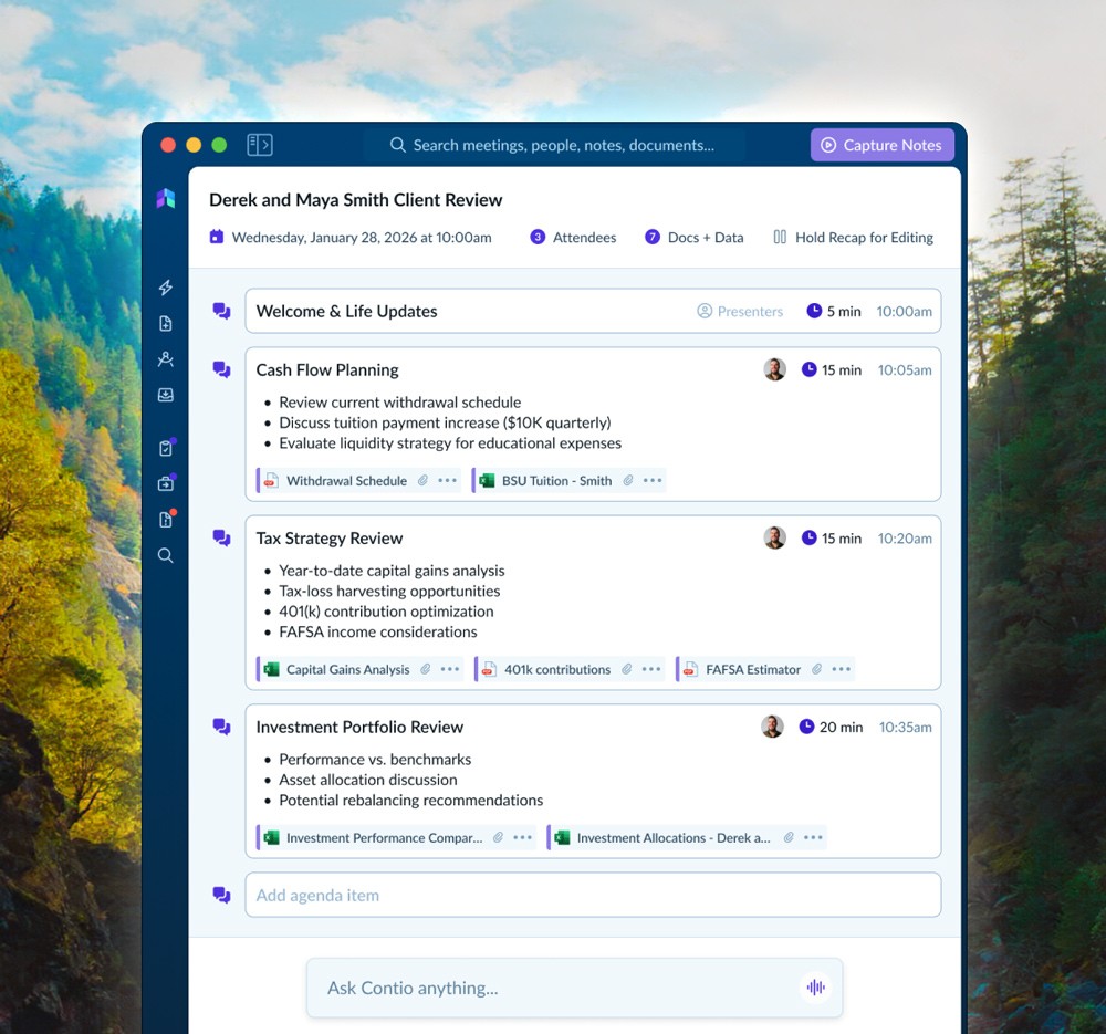 A detailed Contio client review agenda with time allocations and attached documents