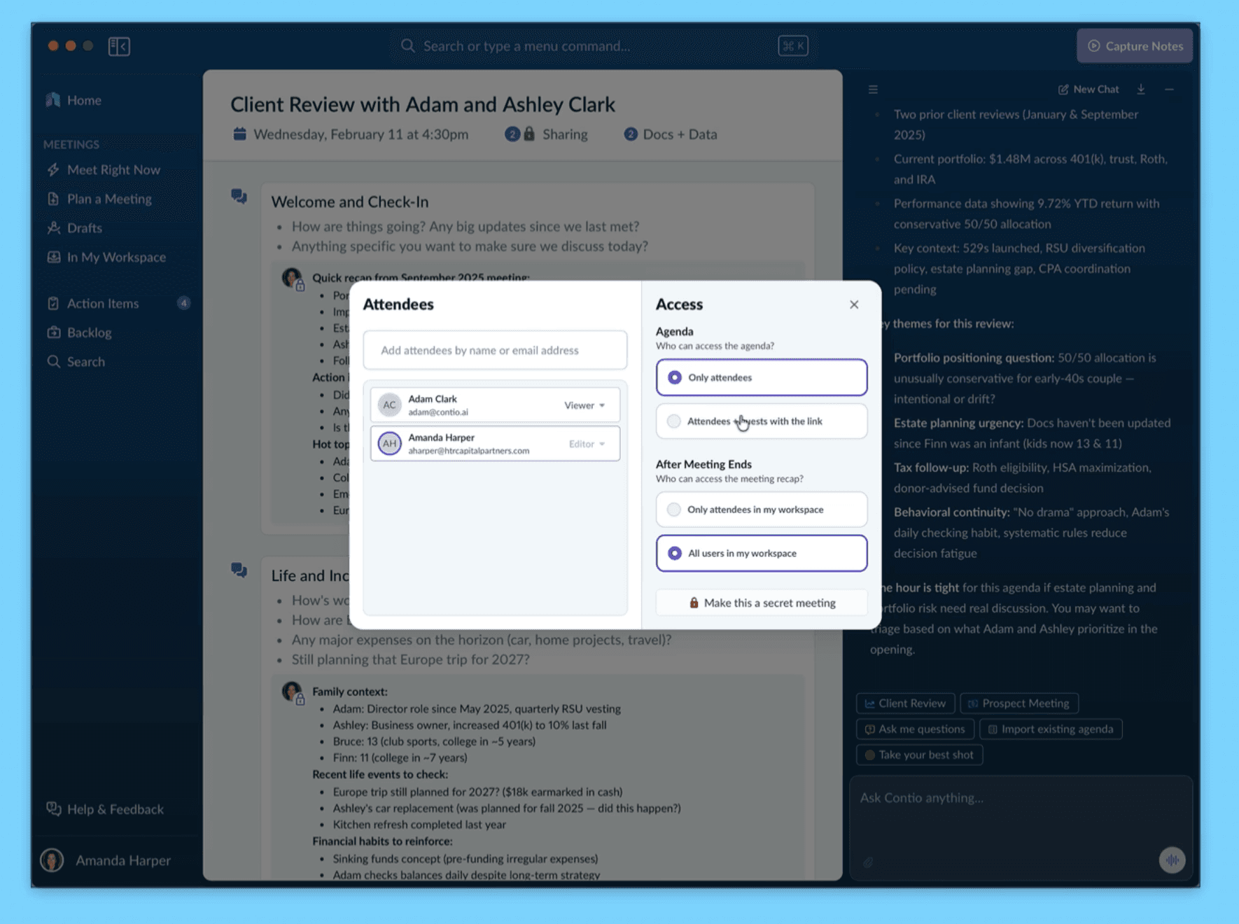 Contio meeting sharing controls for attendees and workspace members