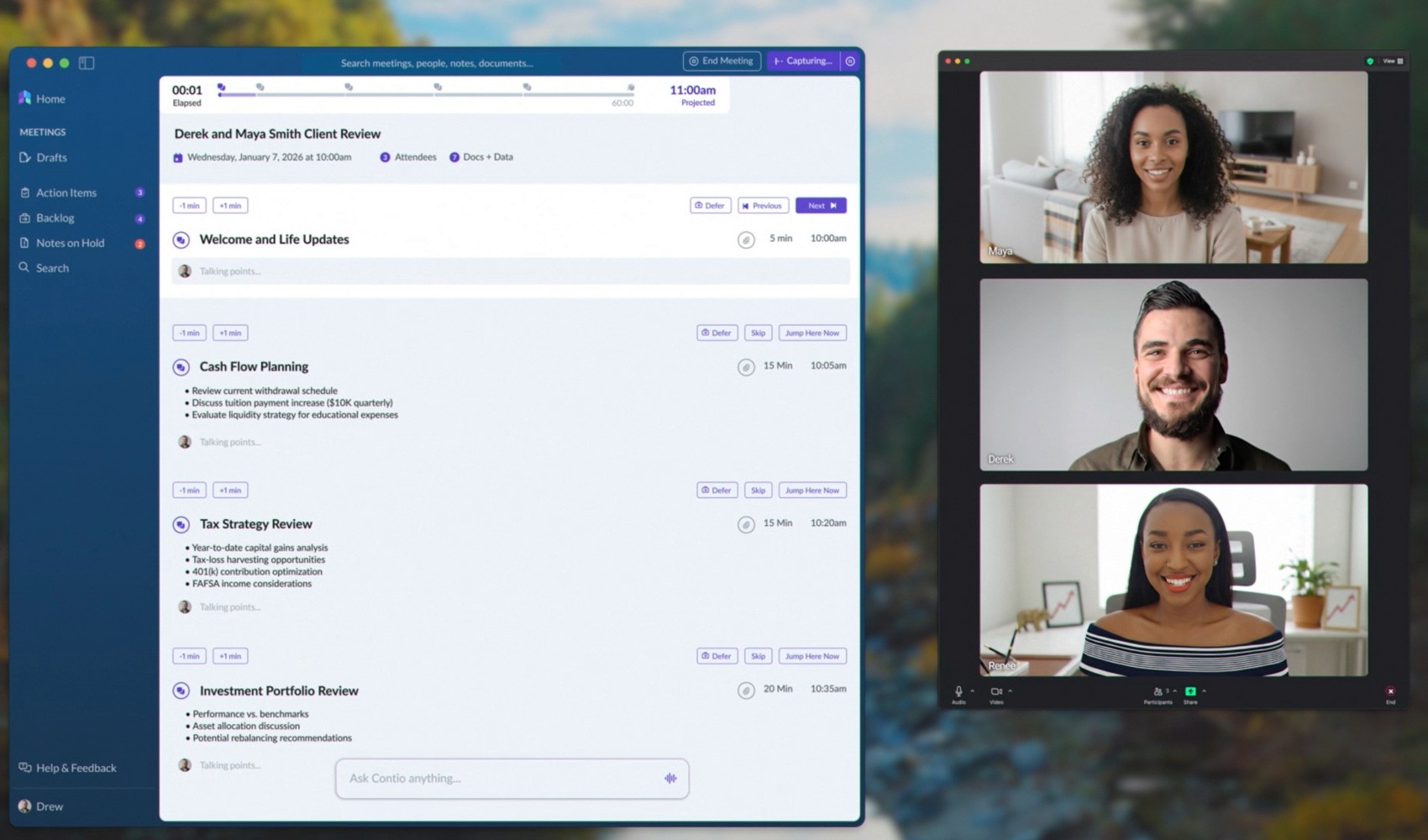 A Contio meeting workspace running alongside a video call in one focused view