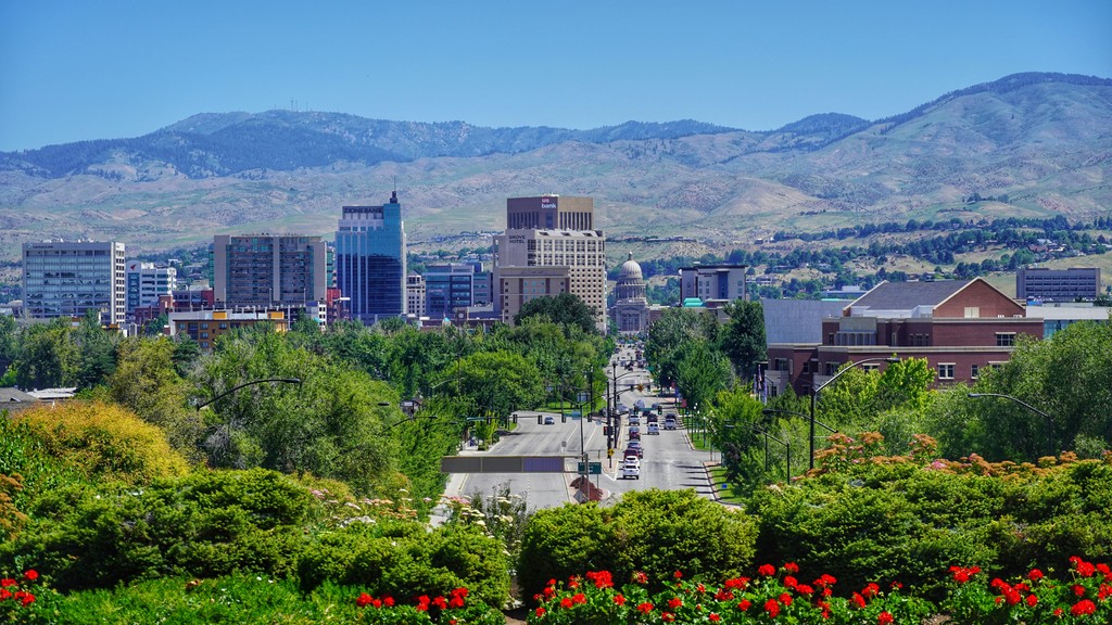 Downtown Boise, Idaho with the foothills in the distance