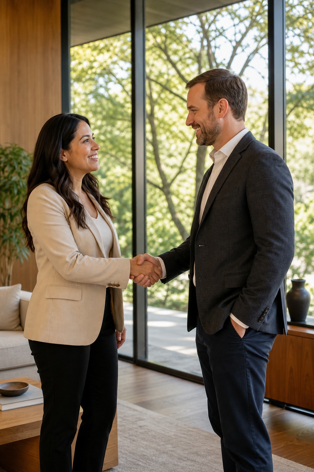 Two professionals shaking hands in a warm modern office with trees visible through large windows