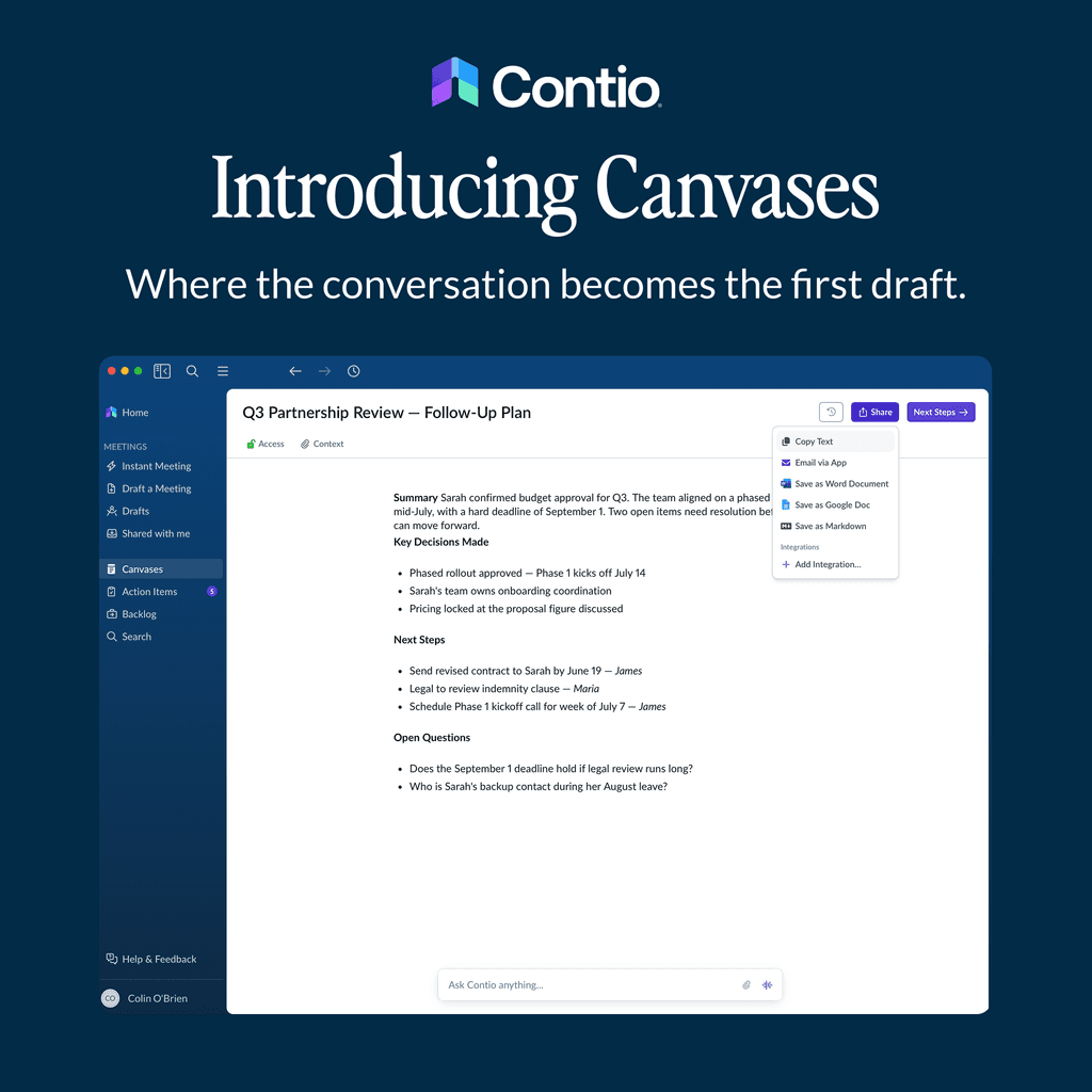 Contio Canvases drafting a follow-up plan from a conversation
