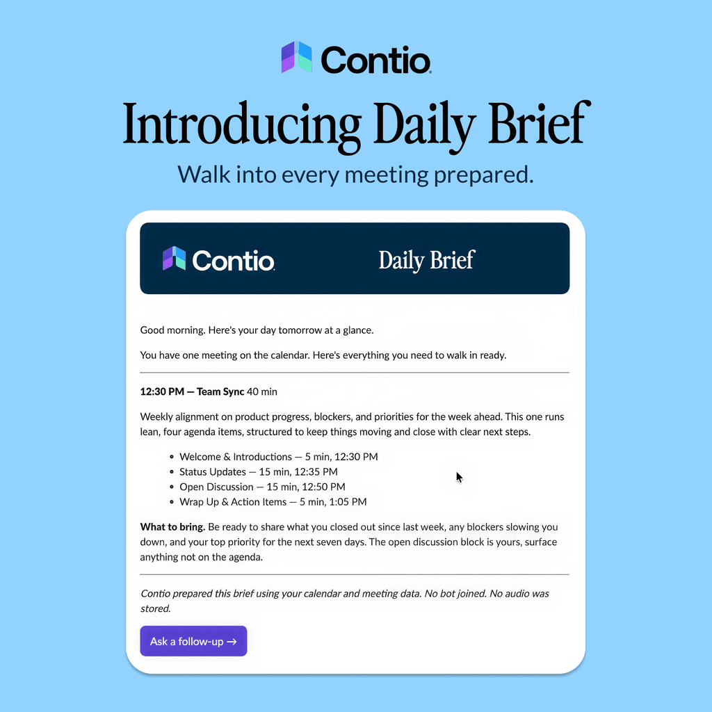Contio Daily Brief with personalized meeting preparation