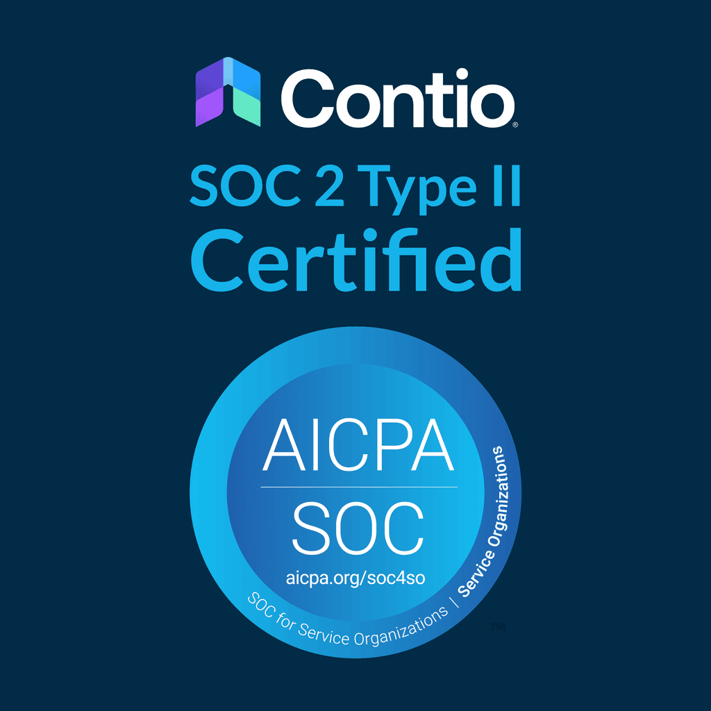 Contio SOC 2 Type II certification graphic with the AICPA SOC seal