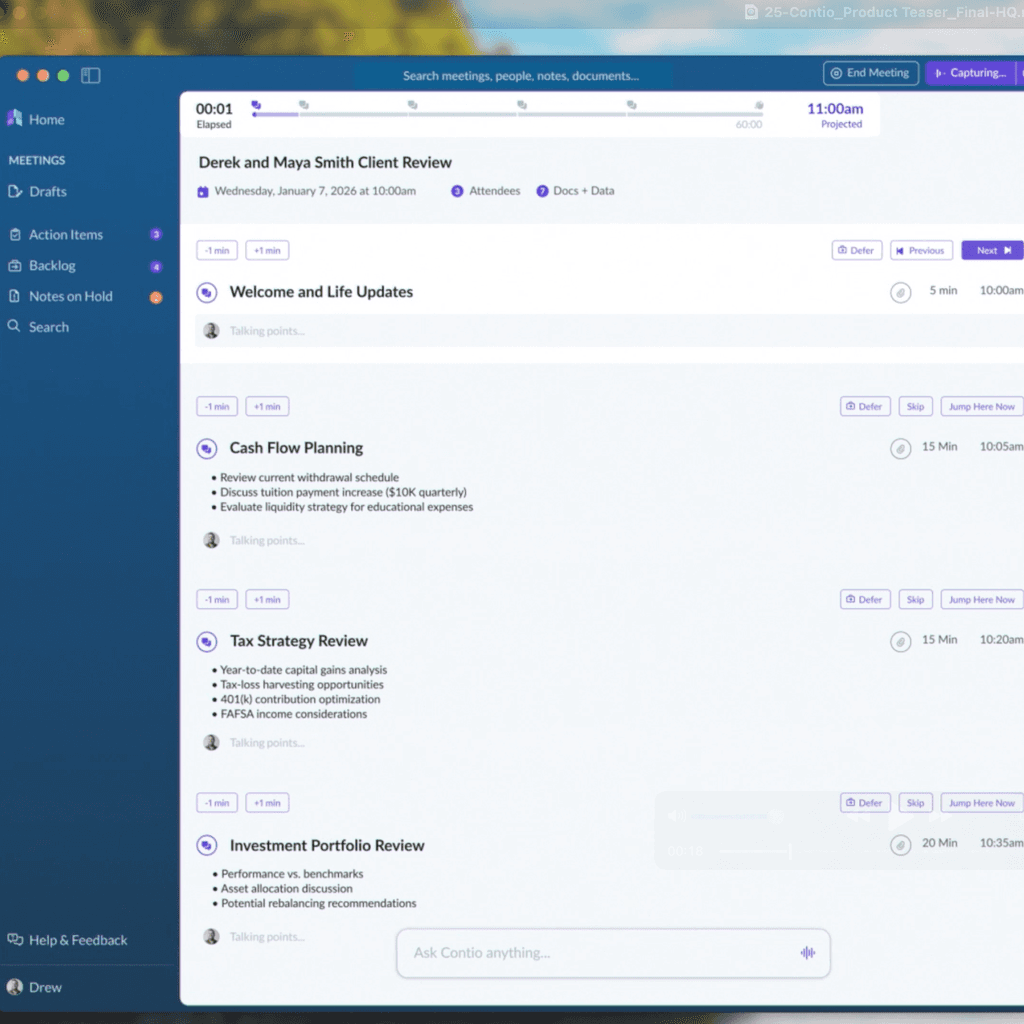 Contio app displaying a live financial advisor client review agenda