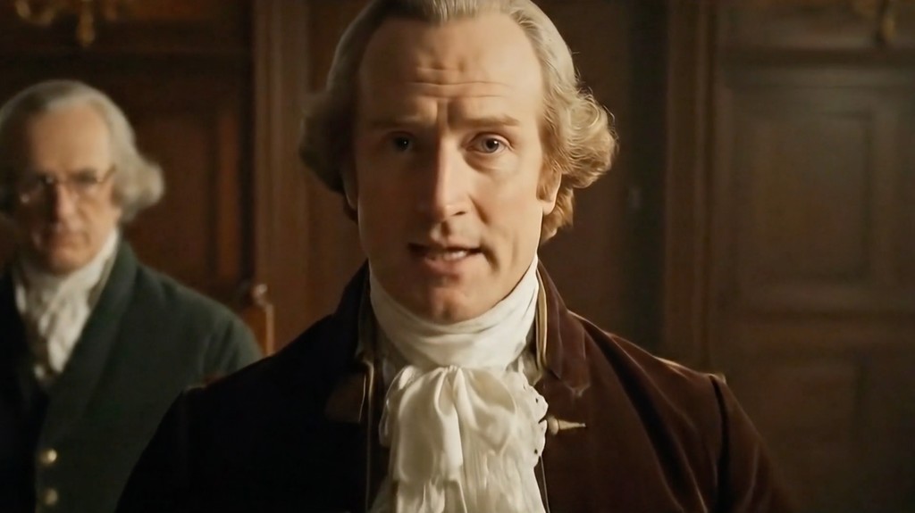 Thomas Jefferson speaking in a historic chamber