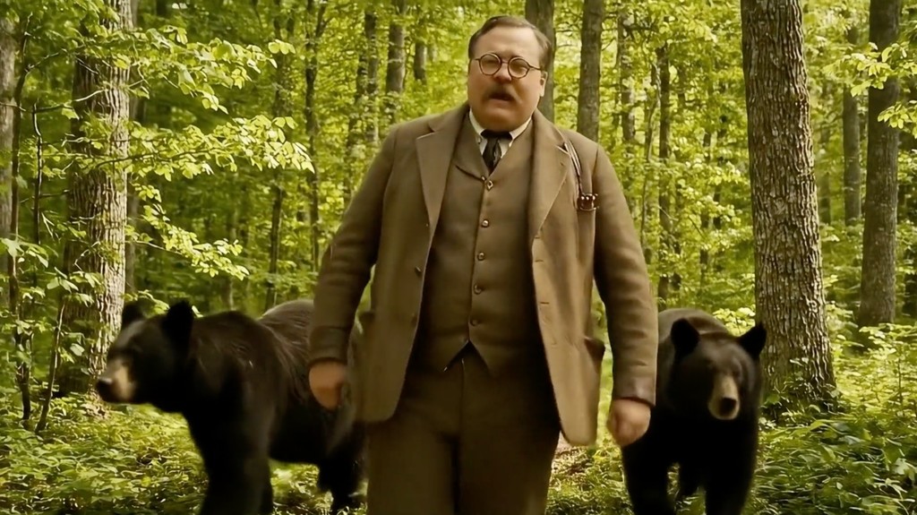 Theodore Roosevelt walking through a forest with two bears