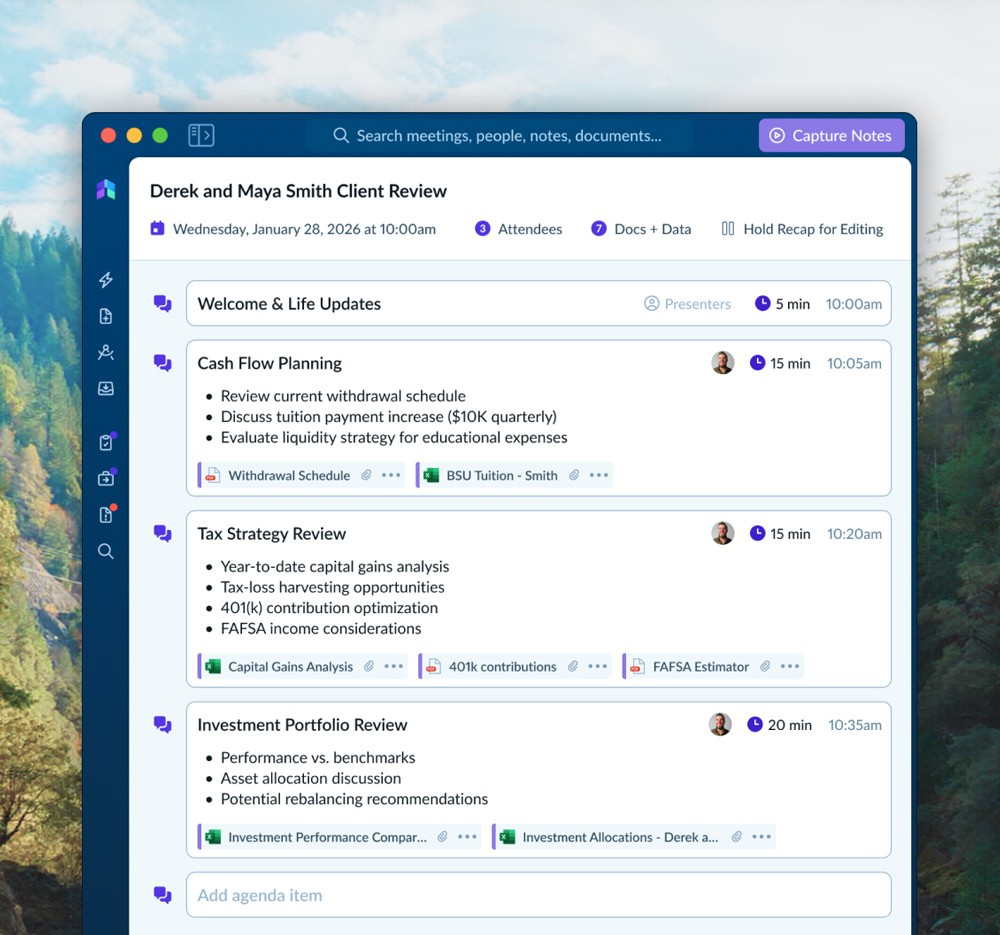 MeetingOS agenda enriched with connected client data